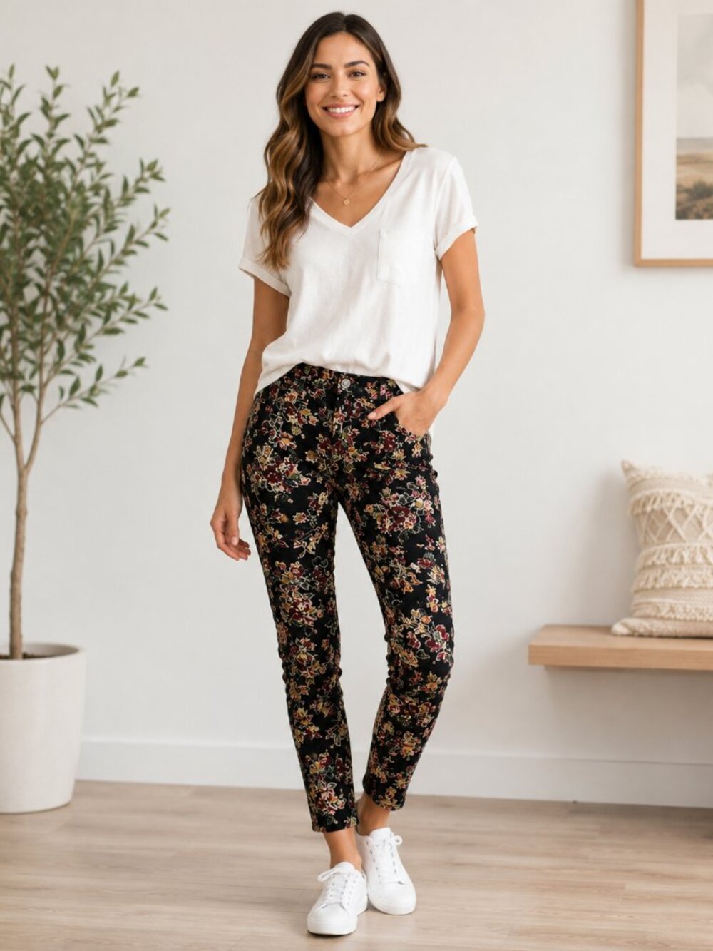 Free People Black Floral Corduroy Pants 28 High Rise Boho Fall Ankle